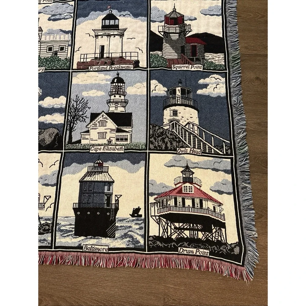 VTG Goodwin Weavers HISTORICAL Lighthouse Tapestry Throw Blanket USA 62 X  42